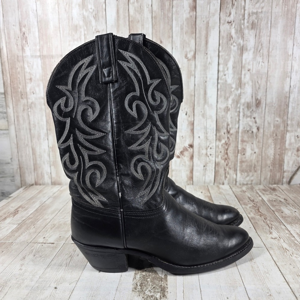 Womens Black Leather Western Cowboy Boots Contrast Stitch Pointed Toe Pull On - Picture 1 of 8